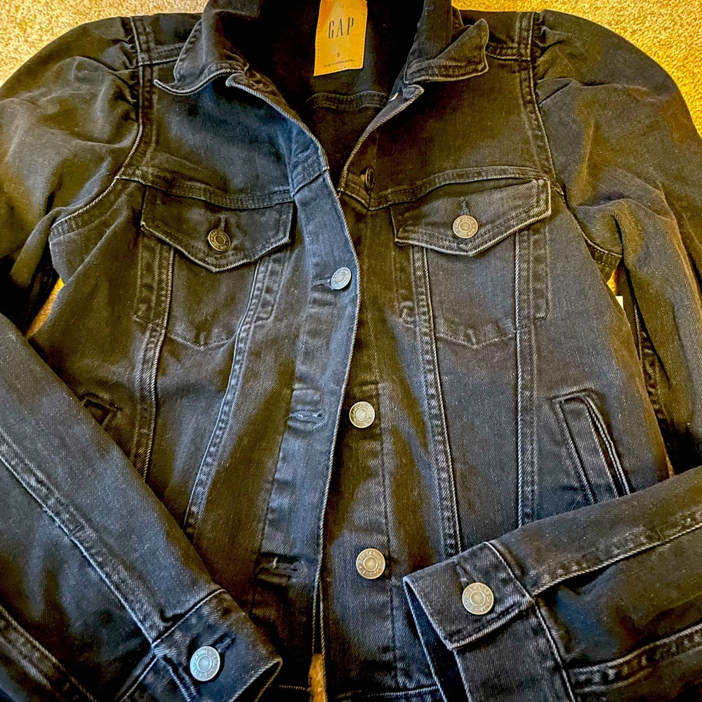 Gap Black Denim Puff Shoulder Jacket
